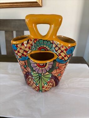 Talavera Utensil Holder Mexican Pottery Folk Art Multicolor Hand Painted 10”